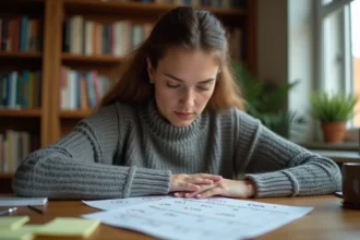 Jeune femme concentrée prenant des notes stratégiques pour optimiser ses essais au jeu Cemantix