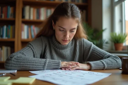 Jeune femme concentrée prenant des notes stratégiques pour optimiser ses essais au jeu Cemantix