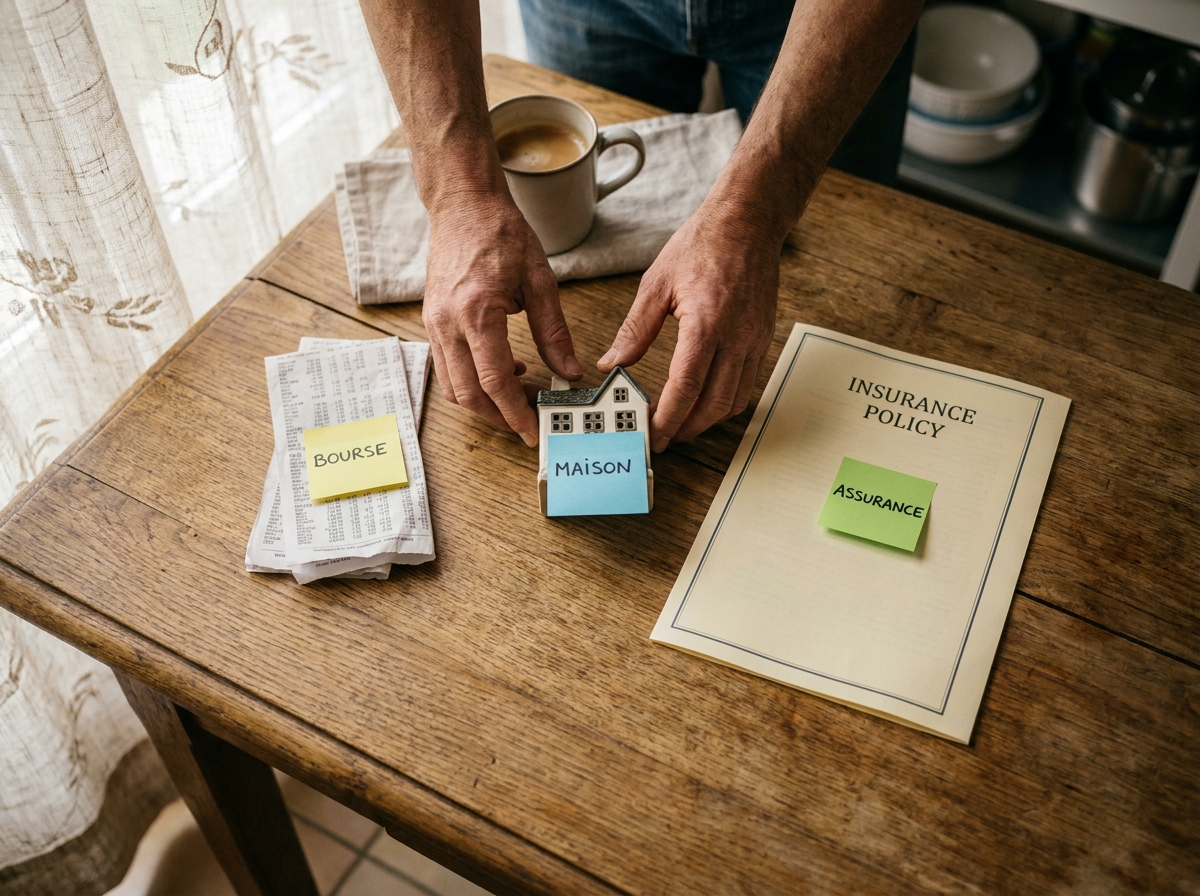 Vue du dessus de mains disposant des documents représentant bourse, immobilier et assurance-vie sur une table en bois, illustrant la stratégie de diversification patrimoniale