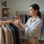 Jeune styliste arrangeant accessoires dans un studio moderne