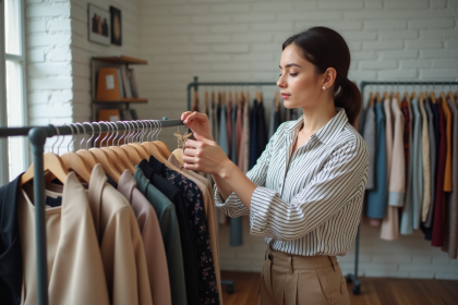 Jeune styliste arrangeant accessoires dans un studio moderne