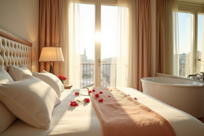 Suite spa moderne à Paris avec grande fenêtre et pétales