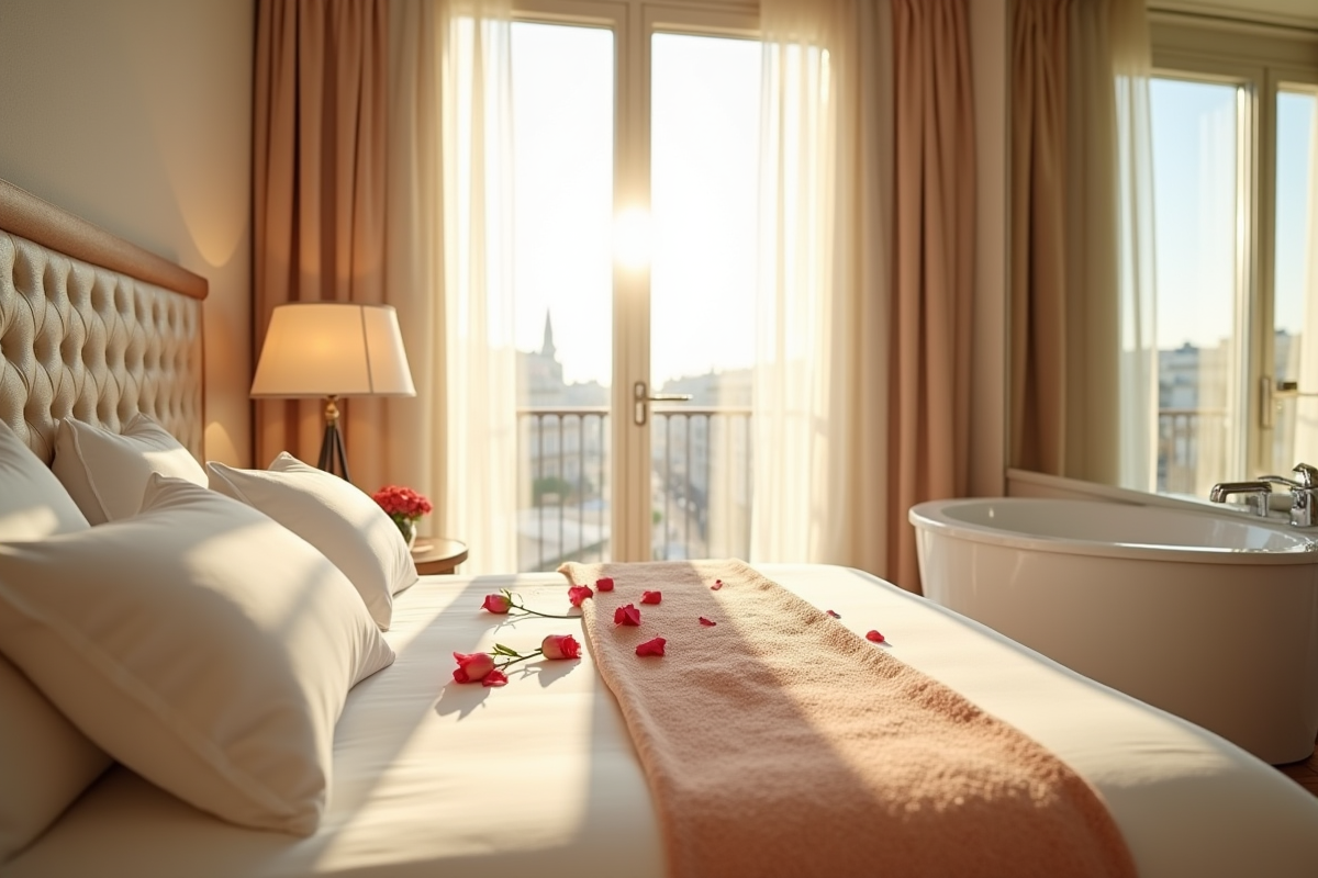 Suite spa moderne à Paris avec grande fenêtre et pétales