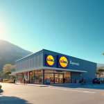 Supermarché moderne en Corse sous le soleil avec logo Lidl