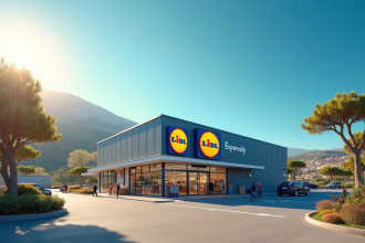 Supermarché moderne en Corse sous le soleil avec logo Lidl