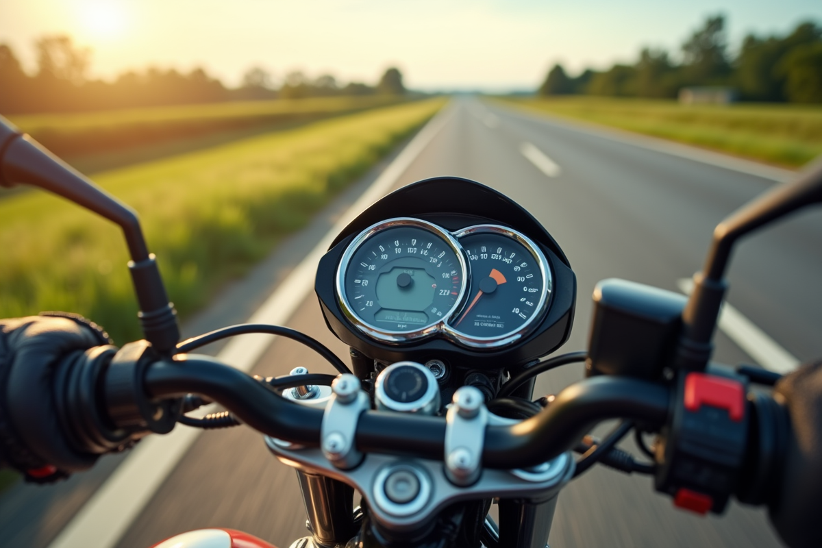 Tableau de bord de moto avec main sur l’accélérateur en extérieur