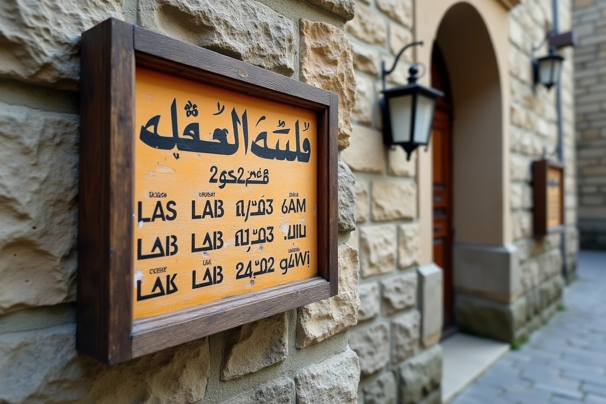 Tableau des horaires de prière affiché sur le mur extérieur d'une mosquée dans le nord de la France