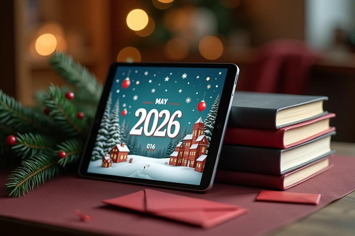 Tablette affichant une application décompte de Noël 2026 posée contre des livres sur un bureau avec décorations festives
