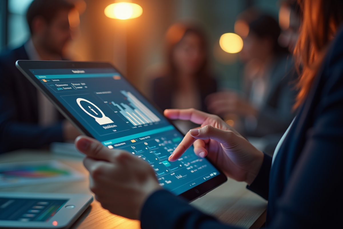 Groupe de collègues utilisant une tablette dans un espace de travail