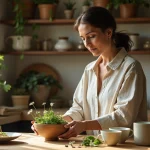 Femme préparant une tisane aux herbes dans la cuisine