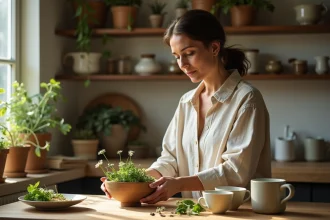 Femme préparant une tisane aux herbes dans la cuisine