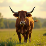 Taureau puissant dans une prairie ensoleillee