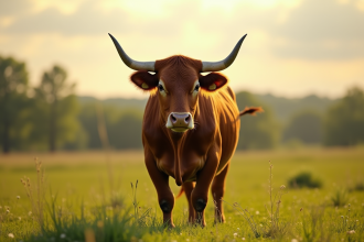 Taureau puissant dans une prairie ensoleillee