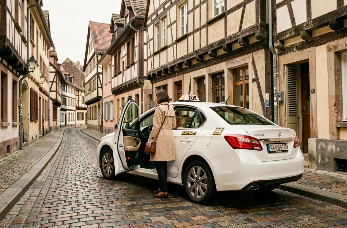 Passagère montant dans un taxi blanc devant une rue pavée aux maisons à colombages typiques du Grand Est, ambiance urbaine et authentique de la région Alsace
