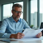 Technicien homme en costume examine une grille de salaire dans un bureau moderne