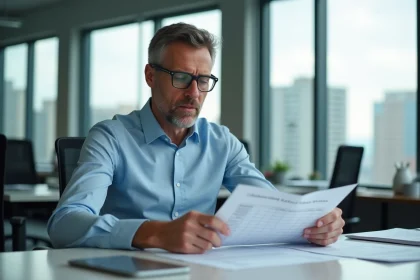 Technicien homme en costume examine une grille de salaire dans un bureau moderne