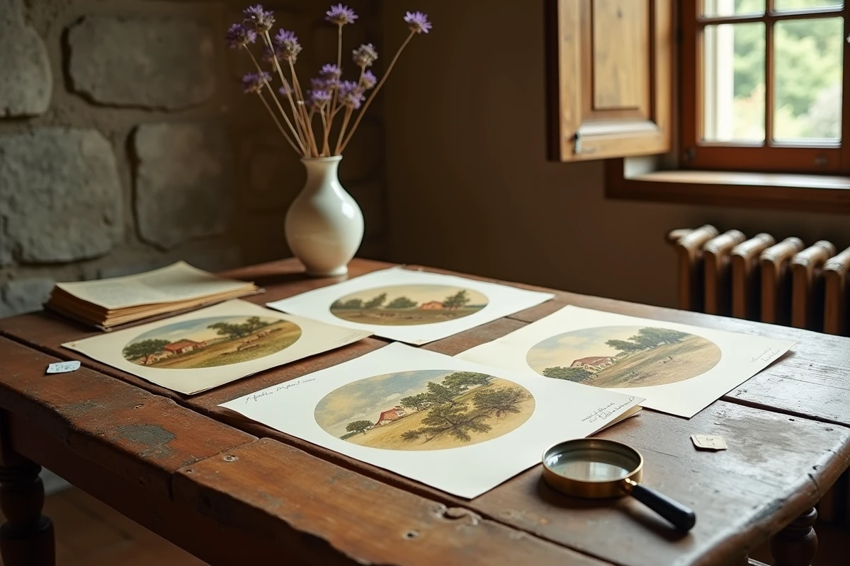 Nature morte avec tirages anciens de Jean Bille, catalogue de vente aux enchères et loupe sur table en bois rustique