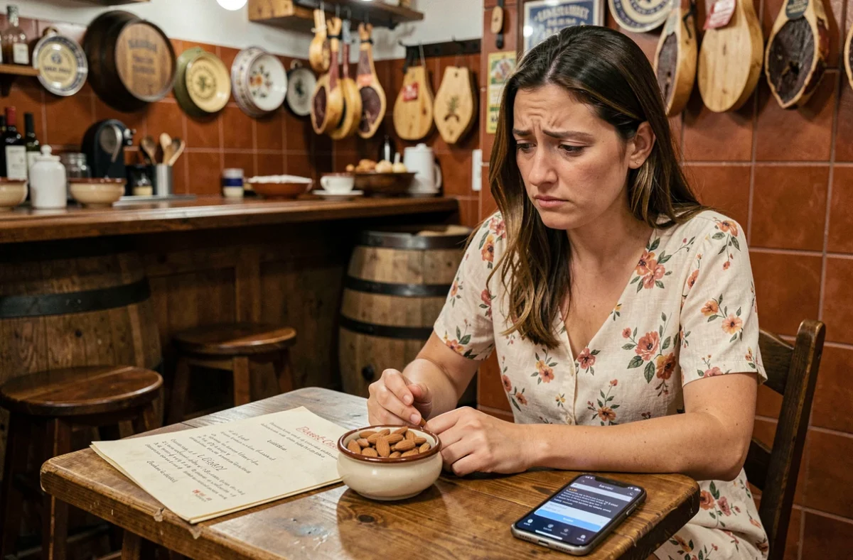 Touriste française seule dans une bodega espagnole face à un menu incompréhensible avec des amandes en tapas