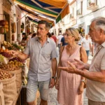 Couple de touristes français désorienté devant un étal d'amandes dans un marché espagnol