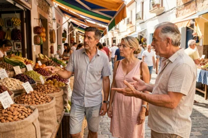Couple de touristes français désorienté devant un étal d'amandes dans un marché espagnol
