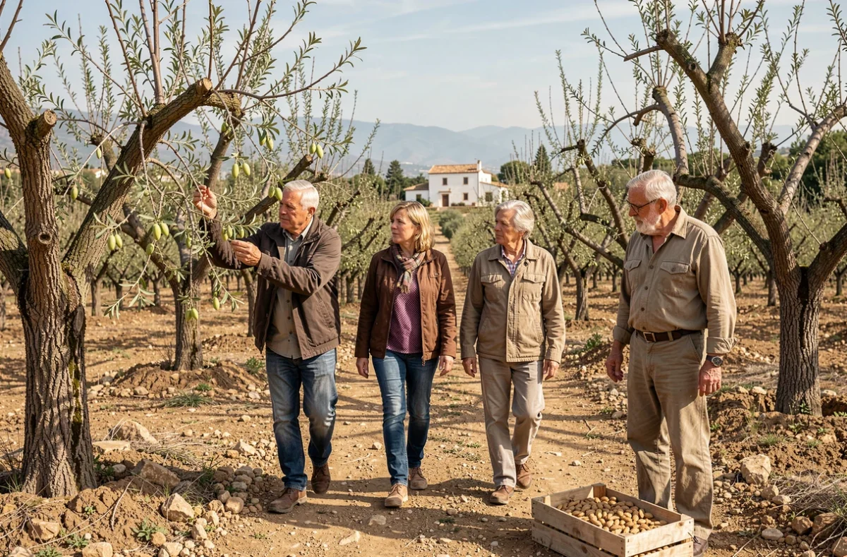 Famille de touristes français tentant de cueillir des amandes dans un verger espagnol sous le regard d'un agriculteur local