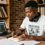 Jeune rappeur traduisant des paroles de rap en français sur un carnet avec un logiciel de sous-titrage ouvert en arrière-plan
