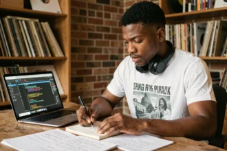 Jeune rappeur traduisant des paroles de rap en français sur un carnet avec un logiciel de sous-titrage ouvert en arrière-plan