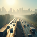 Autoroute urbaine congestionnee avec voitures et fumee