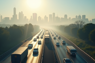 Autoroute urbaine congestionnee avec voitures et fumee