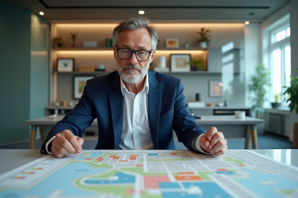 Urbaniste homme examinant une carte de zonage colorée