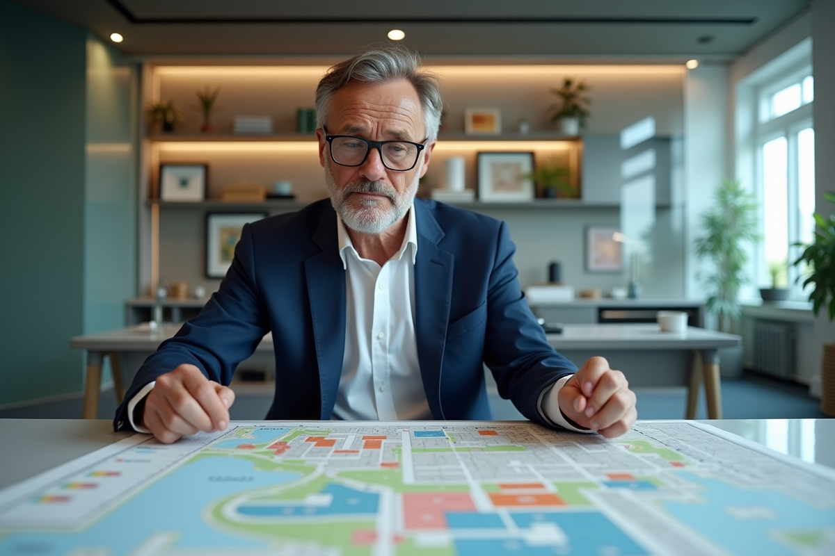 Urbaniste homme examinant une carte de zonage colorée