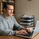 Homme inquiet face à des avertissements légaux de droits d'auteur sur son ordinateur portable à domicile