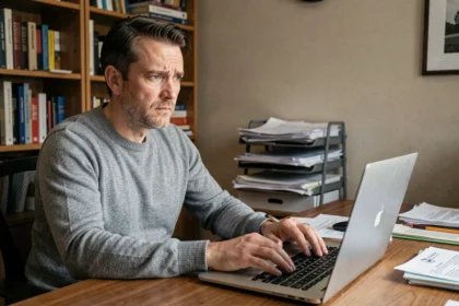 Homme inquiet face à des avertissements légaux de droits d'auteur sur son ordinateur portable à domicile
