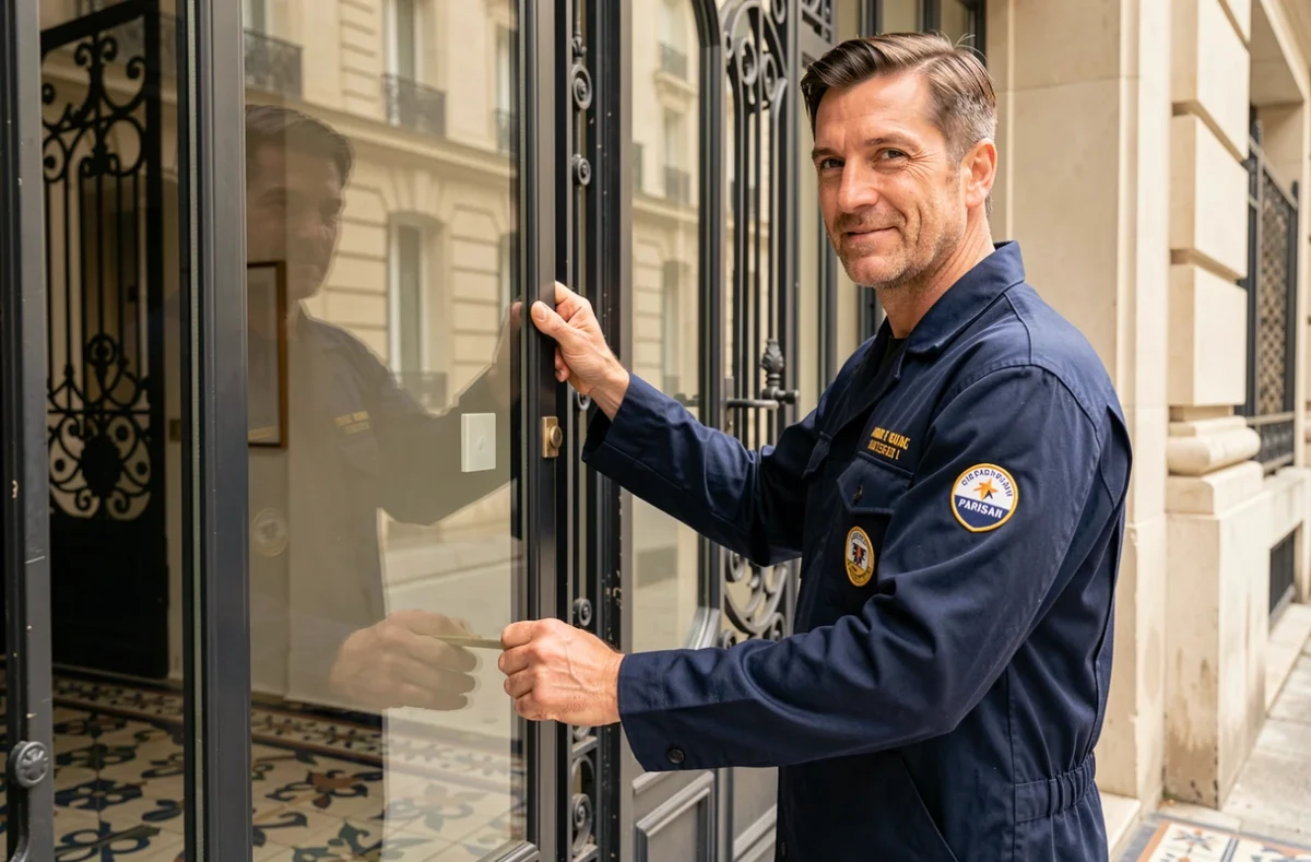 Le Vitrier Parisien présentant une porte vitrée installée dans un immeuble haussmannien