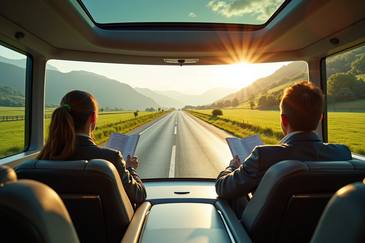 Voiture autonome de luxe sur une route de campagne ensoleillée