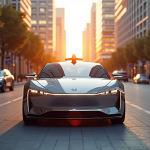 Voiture électrique autonome dans une ville moderne au lever du soleil