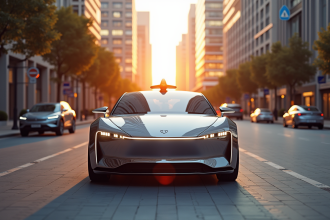Voiture électrique autonome dans une ville moderne au lever du soleil