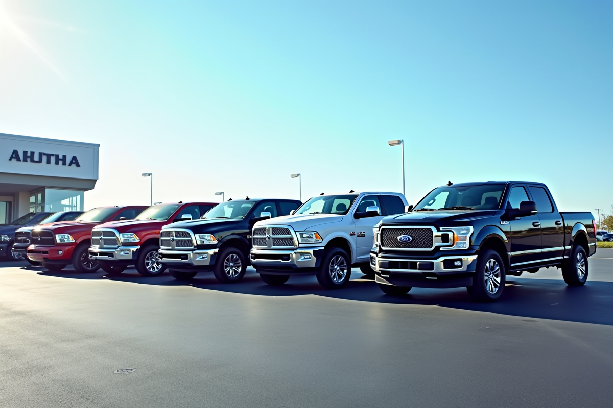Ligne de pickups d'occasion dans un concessionnaire moderne