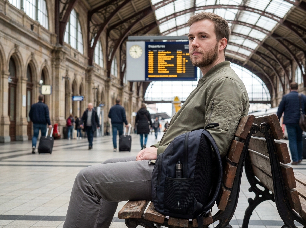 Homme voyageant léger en train avec une puff rangée dans son sac à dos compact