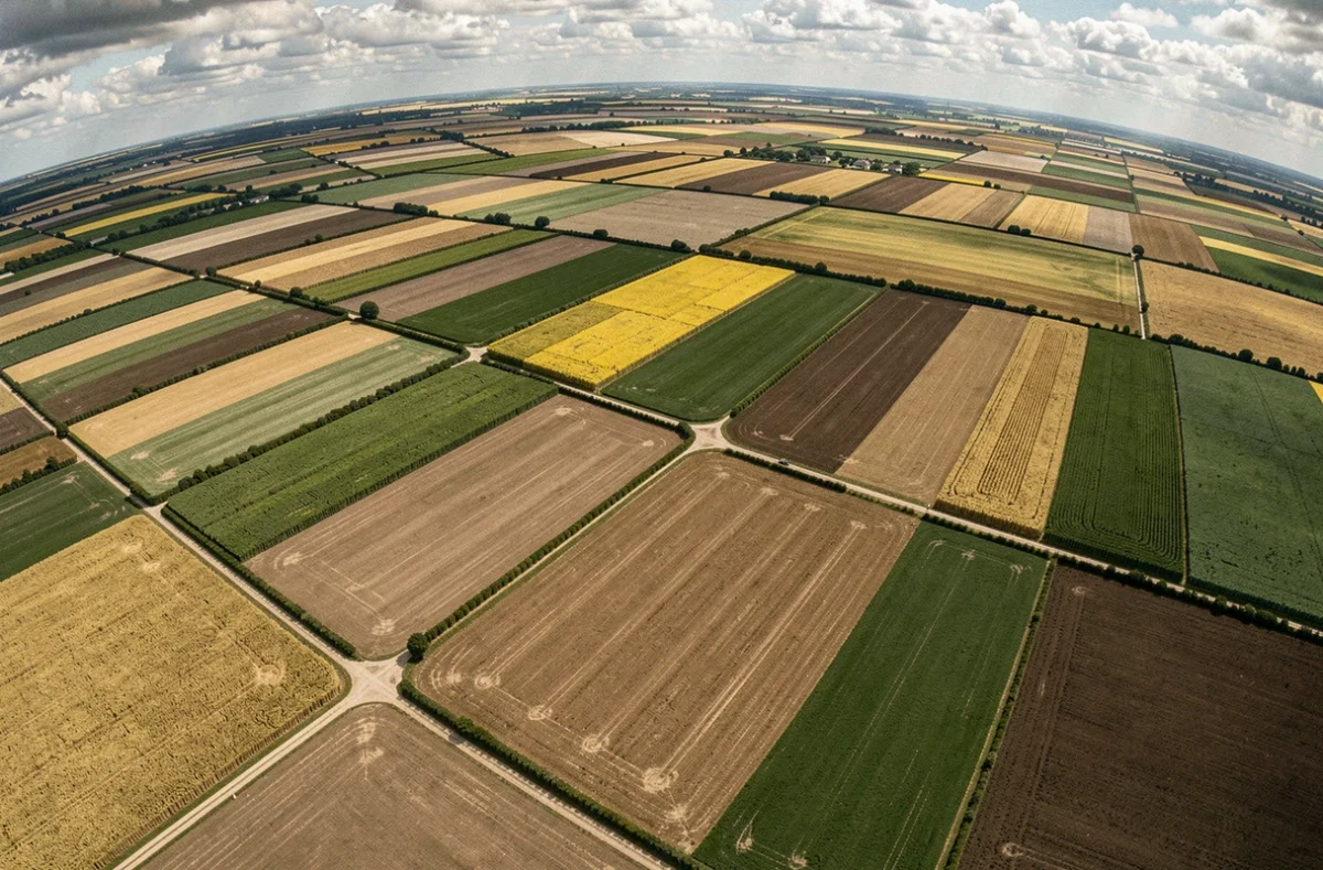 Vue aérienne de parcelles agricoles françaises illustrant l'échelle de 10 000 hectares en kilomètres carrés